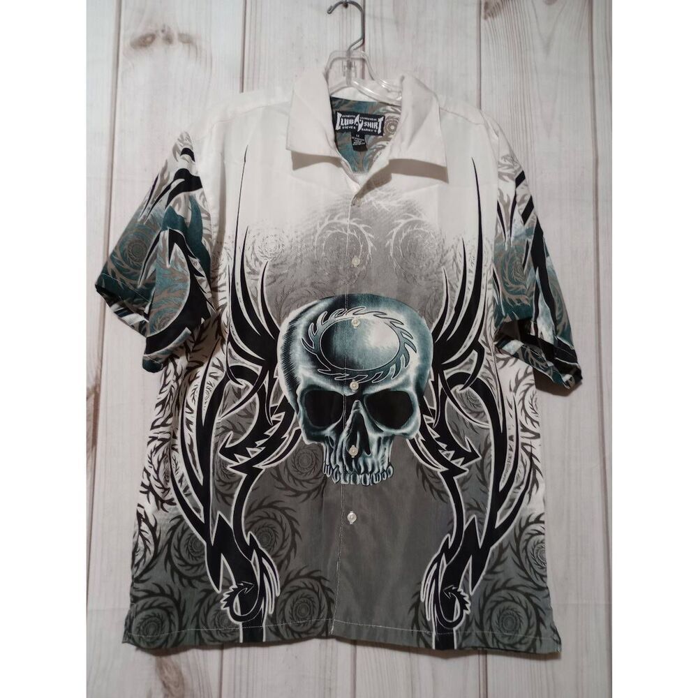 Steve and Barry Shirt Men's Medium Turquoise Scull Button Front Short Sleeve